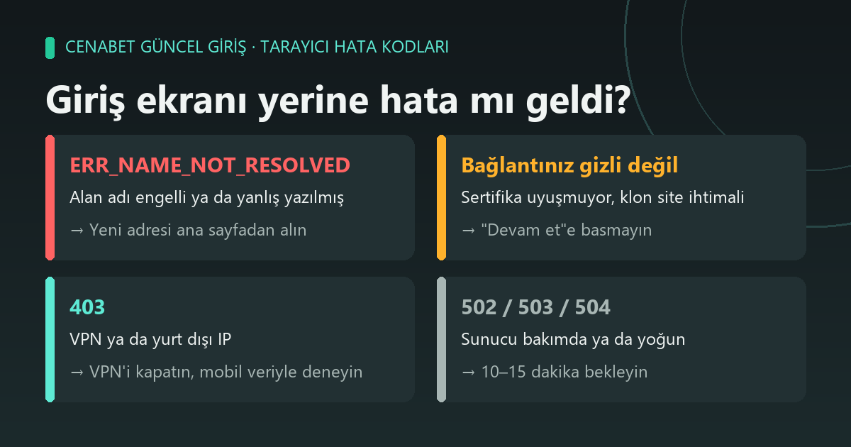 Cenabet güncel giriş tarayıcı hata kodları: eski adres, klon site, VPN ve bakım ayrımı
